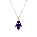 Detailansicht des goldenen Hamsa-Hand-Anhängers mit blauem Emaille und bösem Blick - Blau