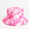 Detailed view of pink and white tie-dye cotton bucket hat with multi-row stitched brim - Rose Red