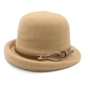 Detail of khaki knitted cloche hat featuring dark brown leather strap and gold buckle - M (56-58cm) / Camel