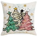 Federa natalizia rosa con alberi e fiocchi d'oro in lino per divano di casa - Bianco-Albero di Natale e Fiocchi di Neve