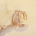 Close-up of rose gold multi-layer crisscross ring with micro-set zircons on coral stone - Rose Gold (J59)