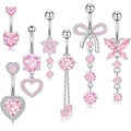 Set di 7 piercing all'ombelico in acciaio inossidabile con zirconi rosa cuori e farfalle - Stili Cuore/Farfalla/Fiocco/Fiore/Frangia / Rosa
