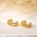 Golden double-layered wavy ear cuff with sparkling zircon inlay for non-pierced ears - Wave Double Layer Pave Gold Ear Cuff