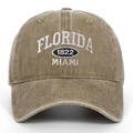 Detailed front view of khaki washed cotton baseball cap with Florida embroidery - Khaki
