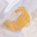 Polished gold multi-layer feather leaf wide open bangle in titanium steel finish - 1091-Multi-layer Stacked Feather Leaf Cuff
