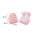 Pink velvet handbag-shaped jewelry box showing 55x50x44mm dimensions and interior - Handbag Pink