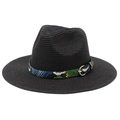 Classic black straw fedora hat with stylish snakeskin patterned band and metal buckle - M (56-58cm) / Black