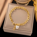 Gold Chunky Link Bracelet with Pearl Heart