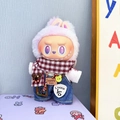 Plush monster doll wearing purple rabbit hood, checkered scarf and denim overalls - Happy Pizza White / First And Second Generation Keychains Are Compatible With La Cloth Dolls. Dolls Not Included.