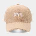 Classic camel faux shearling baseball cap with white NYC letter embroidery for winter - Adjustable / Khaki