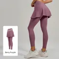Pantalon de yoga deux-en-un violet baie avec jupe intégrée et taille haute grise - S / Bottoms / Violette de Baies