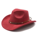 Detailed macro of red suede cowboy hat with brown leather star stud band decoration - M (56-58cm) / Wine Red Suede