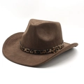 Brown suede cowboy hat with leopard print band and metal buckle for men and women - M(56-58cm) / Brown