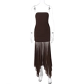 Close-up of dark brown strapless dress with ruched bodice and asymmetric mesh hem details - S / Coffee Brown