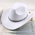 White felt western cowboy hat with sparkling silver rhinestone band on magazine stack - One Size 57-58cm / Four-Row Rhinestone Band / White