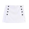 Detailed view of white high-waist A-line skirt with decorative black double buttons - S / Bottoms / White