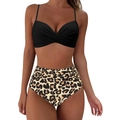 High waist bikini set with black twist front top and leopard print bottoms for women - S / Black + Leopard