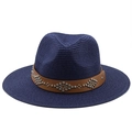 Close-up of navy straw fedora featuring a brown leather band with silver rivets - M (56-58cm) / Navy Blue