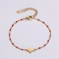 Bracciale dorato in acciaio inossidabile con perline rosse e ciondolo a croce regolabile - Stile Croce con Perline Rosse / Rosso