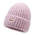 Pink knit beanie for women in soft mohair with folded brim and stylish white label - One Size / Purple