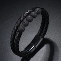 Detail of men's double-layer black woven leather bracelet with volcanic stone and magnetic clasp - Lava Stone
