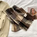 Classic plaid cashmere scarf in brown and grey with tassels on white background - Classic Plaid Khaki