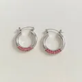 Silver C-shaped open hoop earrings with three rows of pink pave rhinestones - Silver Rose Red Zirconia Style (PDE1997)