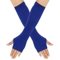 Close-up of blue knitted arm warmers with ribbed cuffs and fingerless design - One Size / Royal Blue
