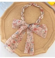 Pink floral fabric headband with large bow, pearl accents and golden chain detail - Pink