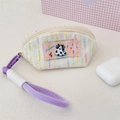 Close-up of creamy tweed earphone case with cute dalmatian patch and purple strap - Shell Style / Cream