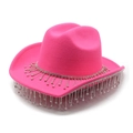 Detail view of hot pink cowboy hat featuring sparkling silver rhinestone fringe tassels - M (56-59cm) / Rose Red