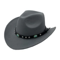 Detail of dark grey felt cowboy hat with leather band and turquoise stone studs - M (56-58cm) / Gray