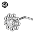 L-shaped G23 titanium nose stud featuring a flower design with a sparkling center zircon - Ten-Petal Flower (Style 7 L-Shaped) / 0.8x7mm