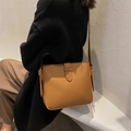 Brown leather crossbody bucket bag with square frame and adjustable strap for women - Khaki
