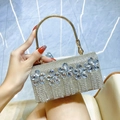 Silberne Strass-Handtasche mit Blumenverzierung und Quasten-Detail für Abendpartys - Gold