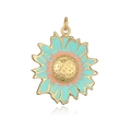 Detail of sunflower pendant with mint green enamel petals and golden metal center - Blue Sunflower Pendant