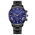 Fashion men's black steel quartz watch with a sunray blue dial and chronograph subdials - Blue Dial Rose Gold Hands Black Strap (Curved Lug)