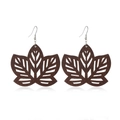 Macro detail of dark brown leaf-shaped hollow wood earrings with geometric cutouts - Style 65