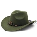 Dark green wide brim felt cowboy hat with vintage woven band and metal floral accents - Army Green
