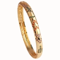 Detail of luxury gold-plated bangle with multi-color V-shaped zircon inlay on white base - Gold with Multicolor Zirconia