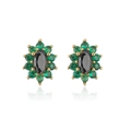 Detail of 18K gold plated stud earrings with black center stone and green zircon halo - Black & Green Sunflower