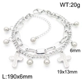 Silver double-layer cross chain bracelet with polished beads and paperclip link - Style D Steel Color (KB187009-Z)