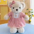 Beige plush teddy bear wearing a pink plaid lace dress and matching hair bow - Pink Couple Bear Female / 40 cm