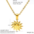 Detailed view of sun pendant necklace with dimensions 19x15mm in 18k gold plated steel - Small Sun Face Necklace (SP619G-001)