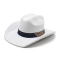 Close-up of a white felt fedora hat featuring a navy band with retro geometric patterns - M (56-58cm) / White