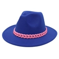 Close-up of royal blue fedora hat featuring a contrasting pink acrylic chain accessory - Sapphire Blue
