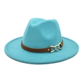 Classic blue wool fedora hat with brown leather band and gold chain on white background - M (56-58cm) / Lake Blue
