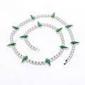 5mm silver tennis chain with eight green spike pendants and white cubic zirconia stones - Silver with Green Stone