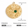 18k gold plated stainless steel sea shell pendant with green gem and starfish textures - Ocean Gem Round Pendant (PJ91816)