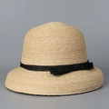 Close-up of raffia sun hat texture featuring a black mesh ribbon and delicate bow detail - M(56-58cm) / Black Strap